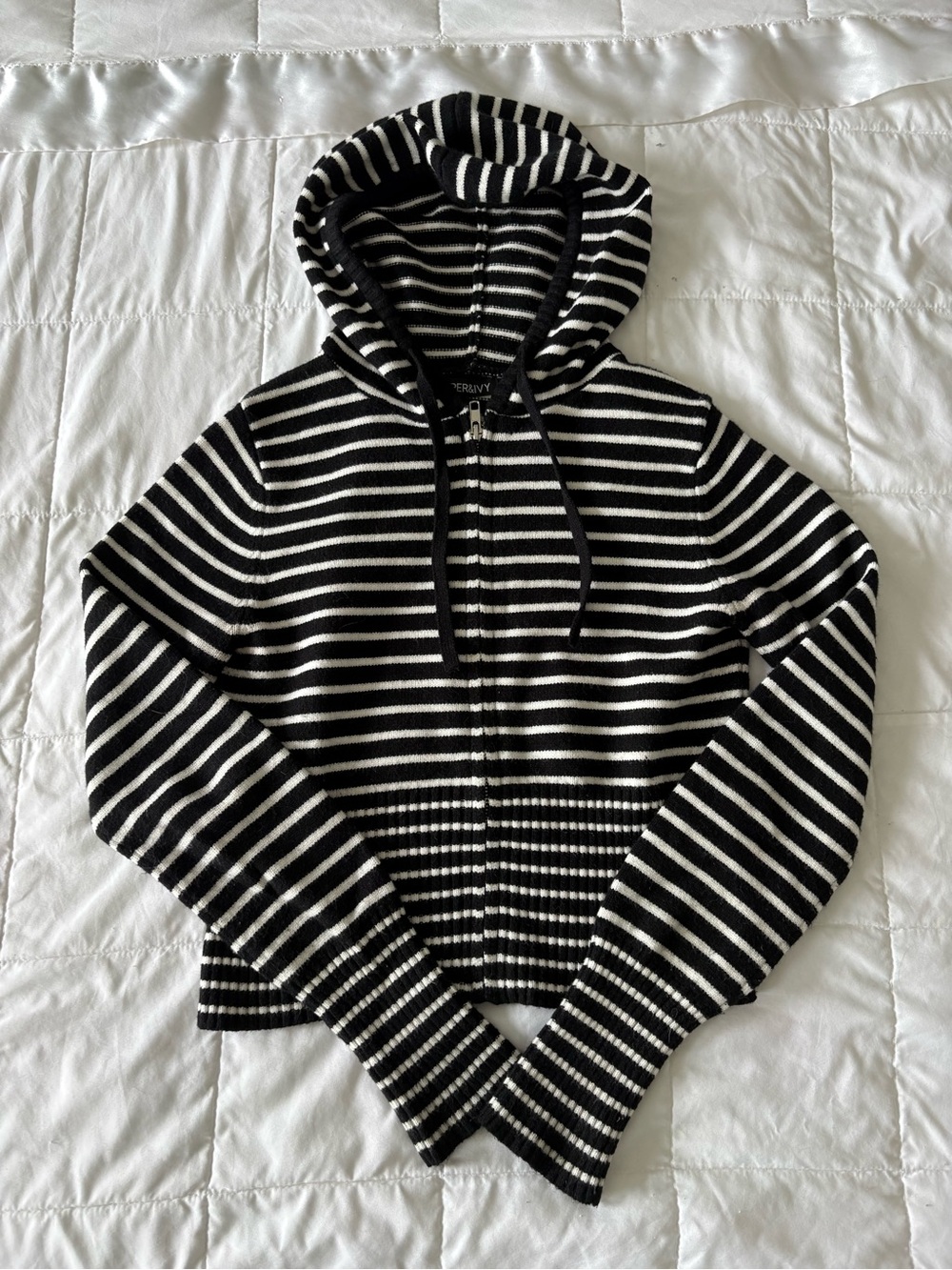 Harper Black and White Cropped Hooded Zip Sweater